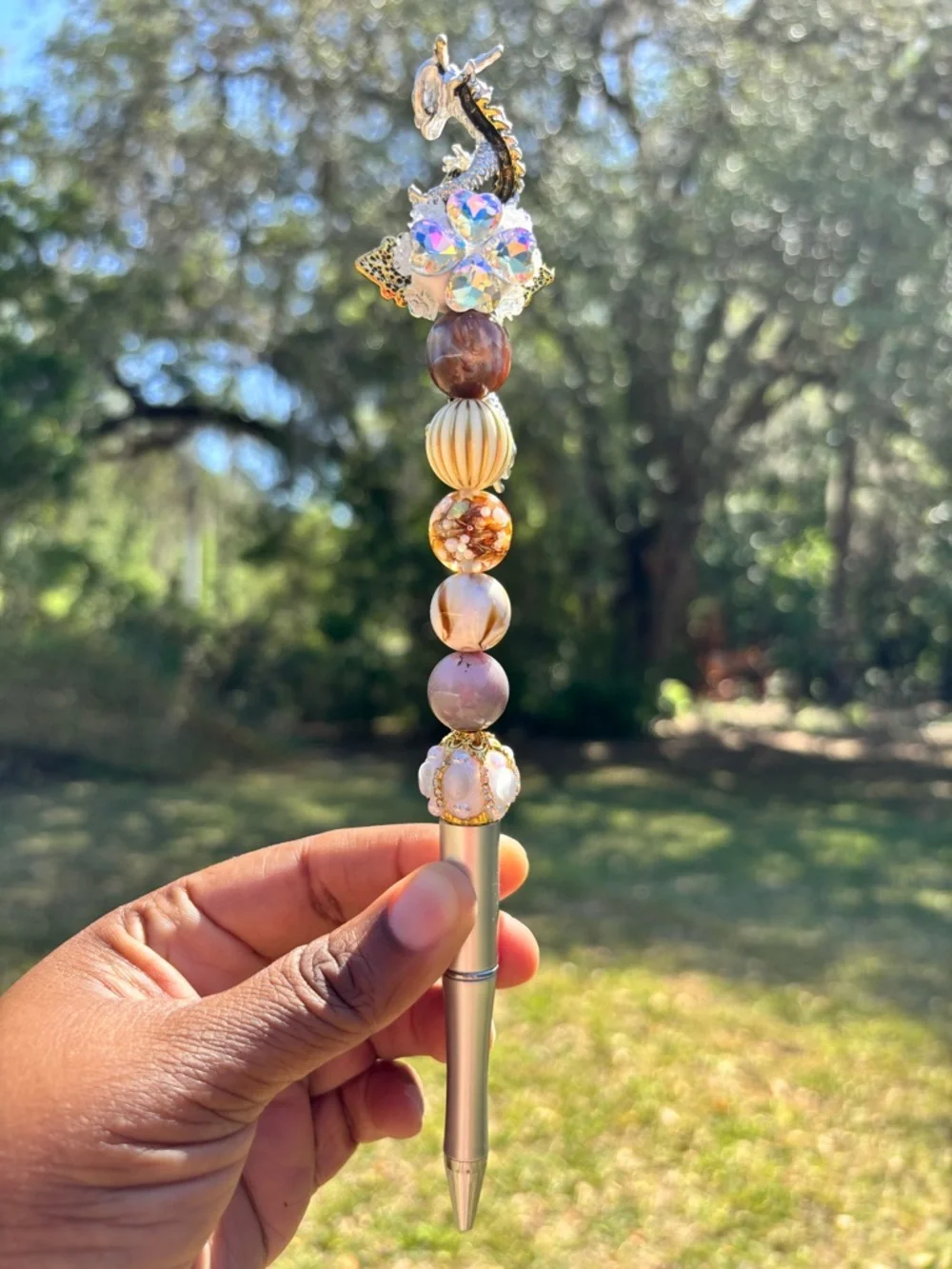 Handcrafted Beaded Crystal Top Dragon Pen - Gold & Iridescent - Picture 3 of 3